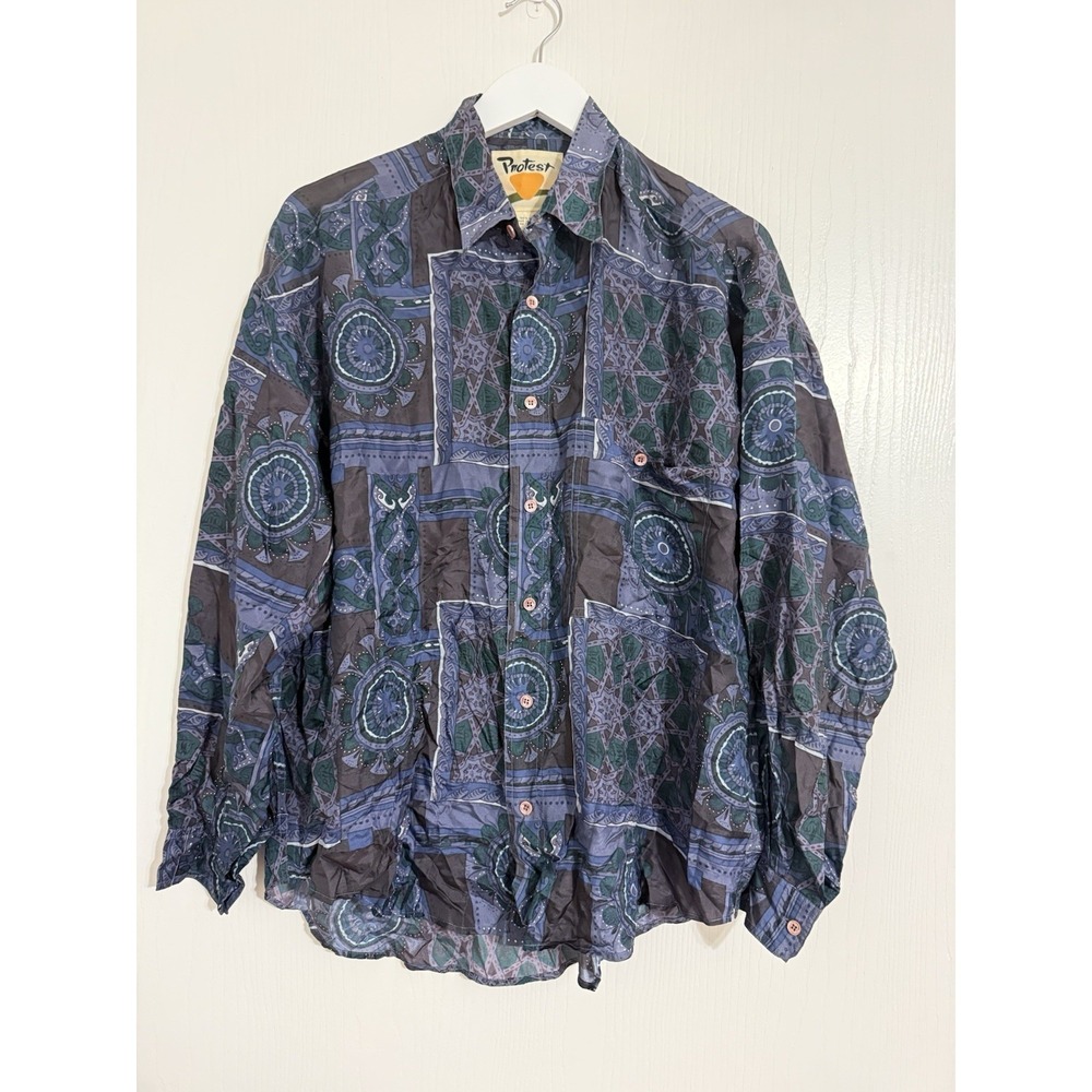 Protest Size Small Vintage 100% Silk Button Up Long Sleeve Blue & Purple
